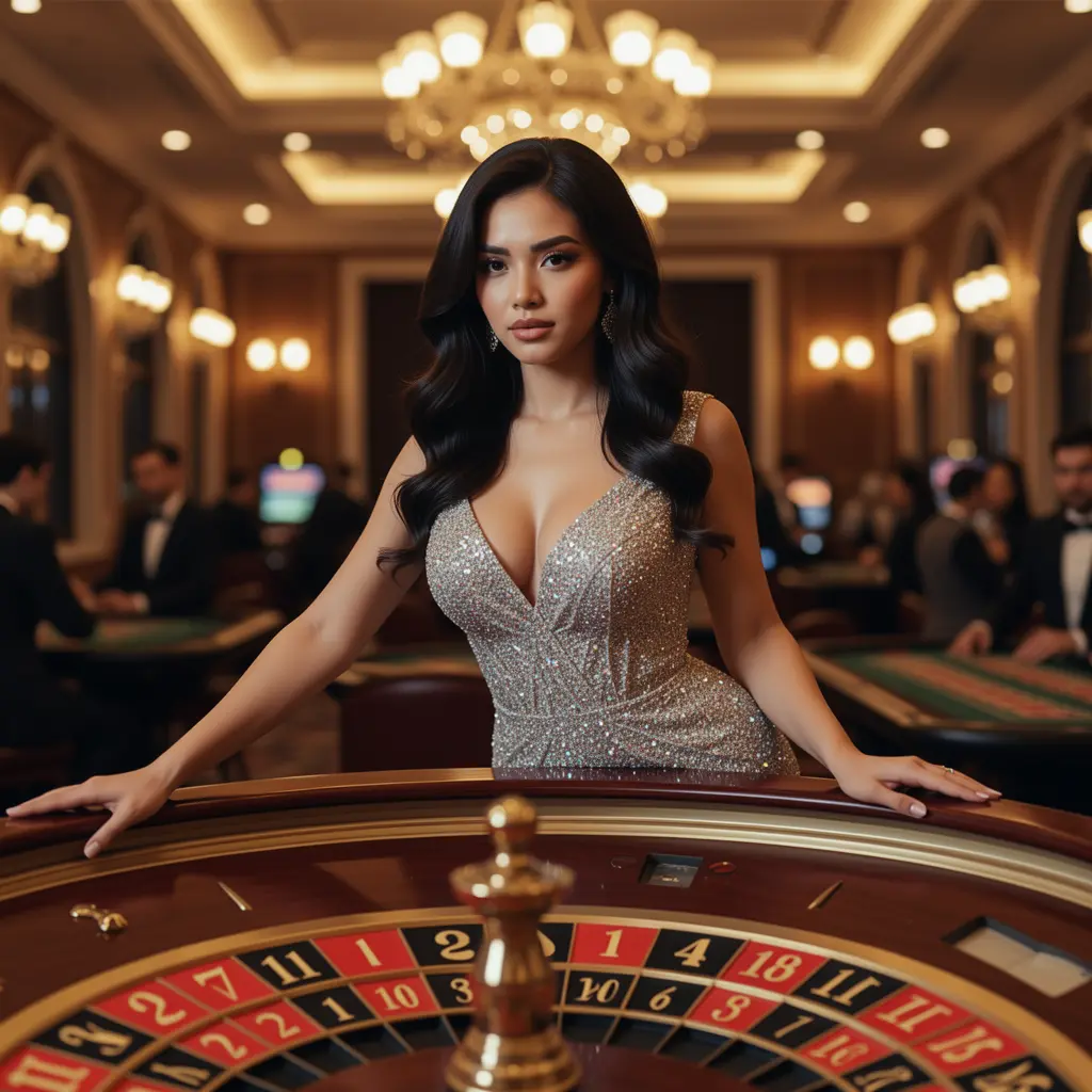 KNN77 – Experience the excitement of live roulette in Malaysia Elegant woman in a sparkling silver dress posing by a roulette table in a luxury casino atmosphere at KNN77 highlighting premium live casino gaming in Malaysia