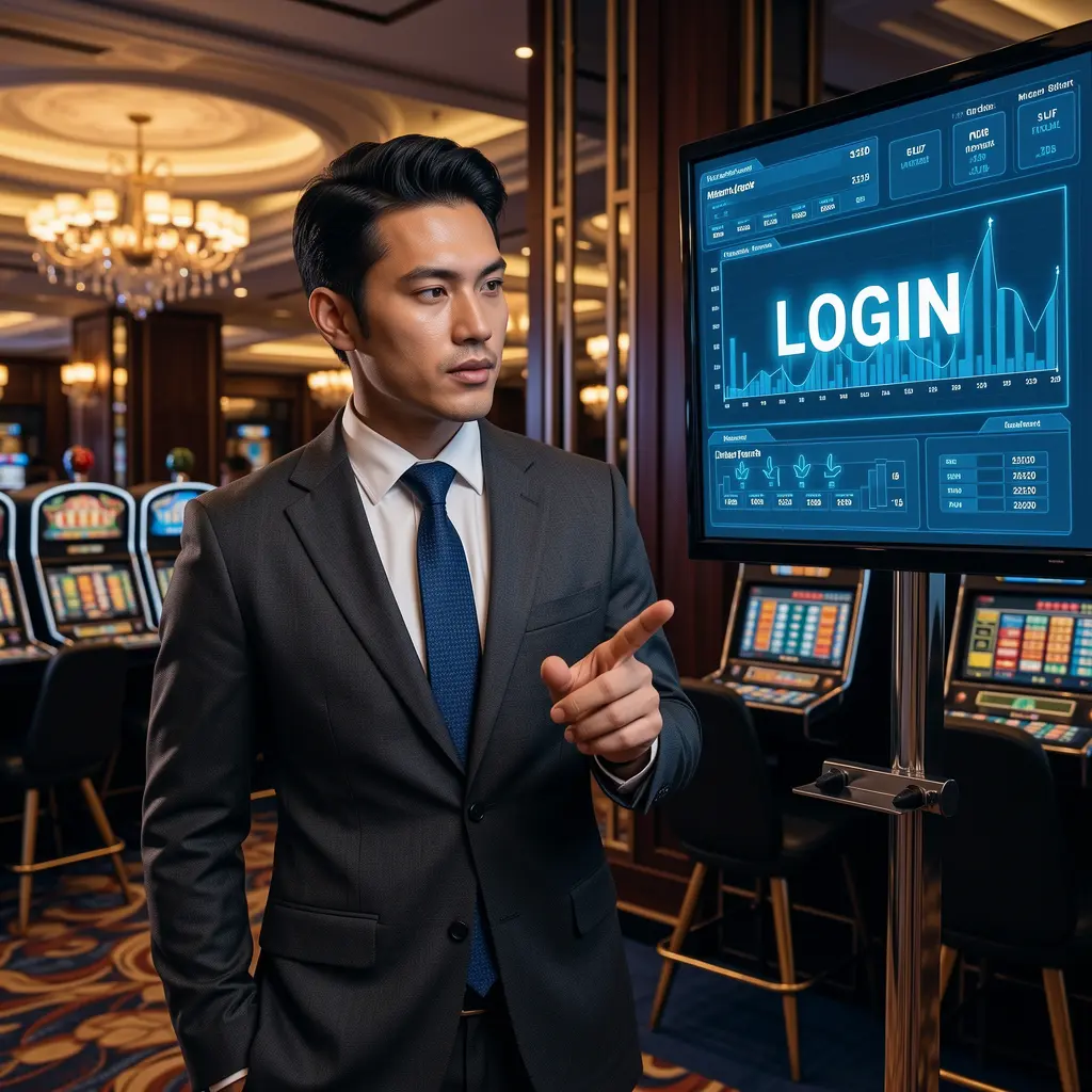 KNN77 Login – Fast and secure access to your gaming account in Malaysia Professional KNN77 casino host pointing toward a glowing login sign inside a modern casino setting in Malaysia
